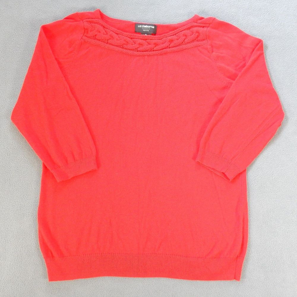 Liz Claiborne Women Shirt Red Large Petite Sweater Career Knit Blouse Top Office